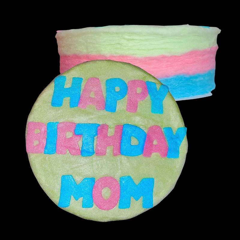 Cotton candy birthday cake that says "Happy Birthday Mom" on the top
